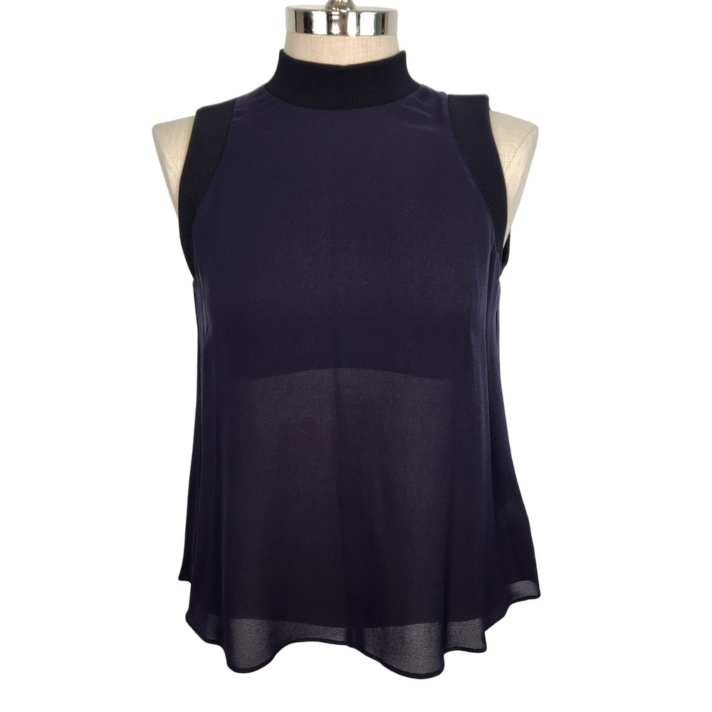 ALC Sleeveless Mock Neck Sheer Open Back Top Navy Silk‎ Size S Lined